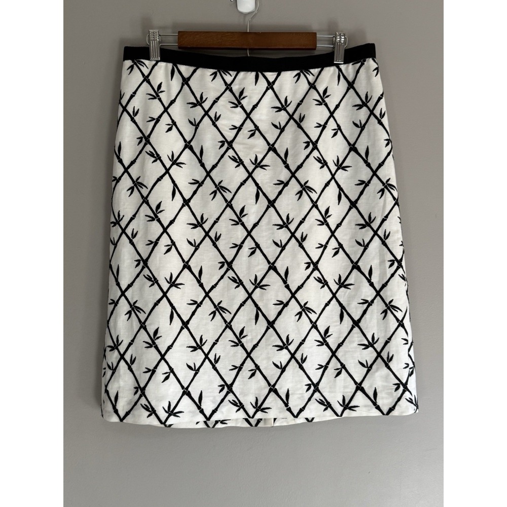 Talbots Skirt Womens 12 White Black Linen Blend Bamboo Straight Mini Office Work